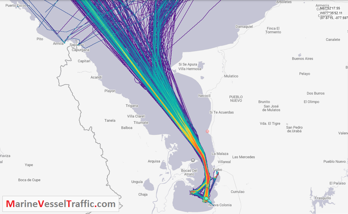 Live Marine Traffic, Density Map and Current Position of ships in GULF OF URABA 